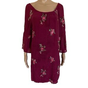 Fig And Flower Anthropologie Maroon Embroidered Floral Bell Sleeve Dress Size L
